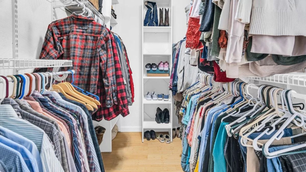 A closet with a shoe rack.