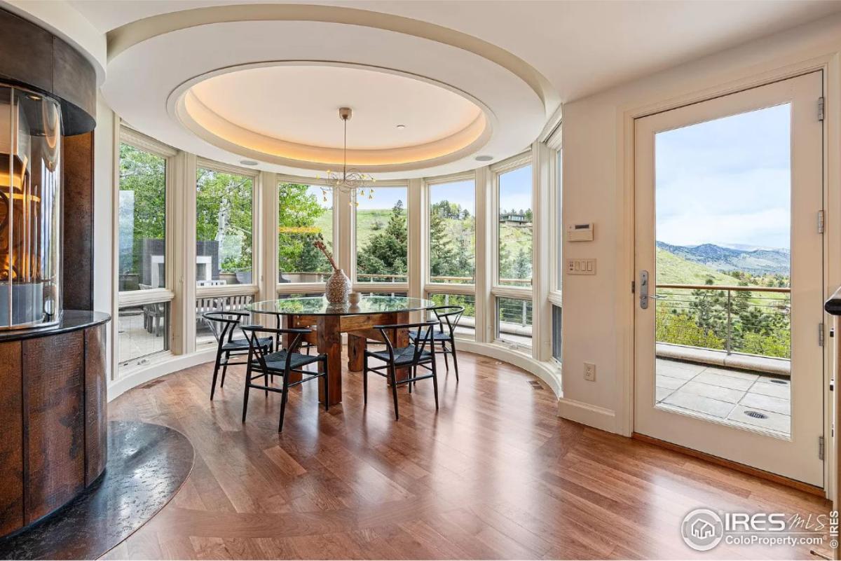 Breakfast nook with chandelier.