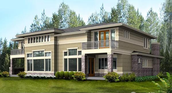 Rear rendering of the 4-bedroom modern style two-story Greenleaf Retreat.