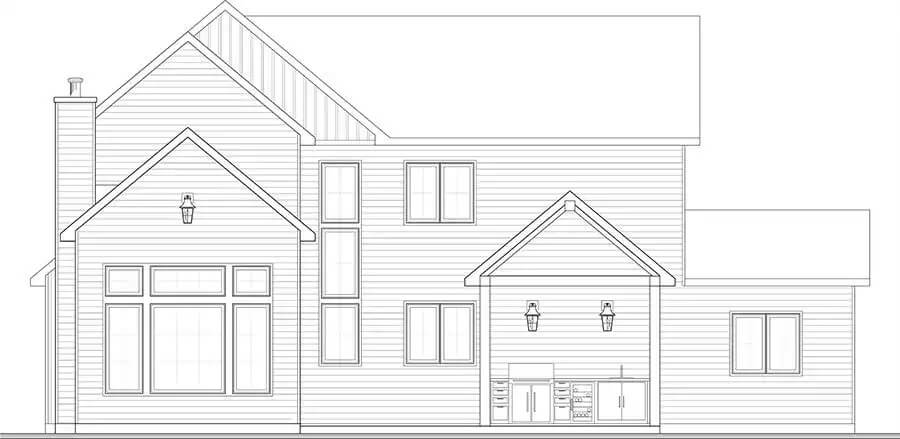 Rear elevation sketch of the Hidden Hill 3-bedroom two-story modern farmhouse.