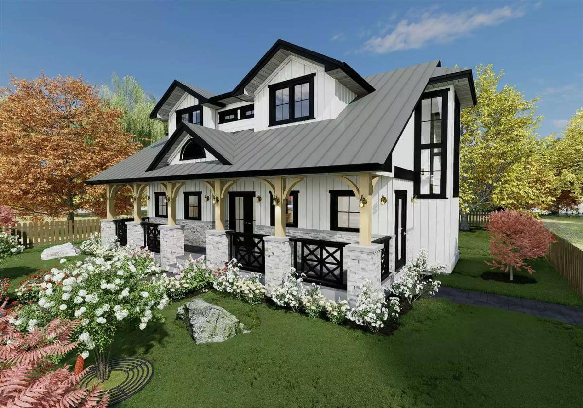 Front-right view showcasing the entry porch framed with stone base pillars.