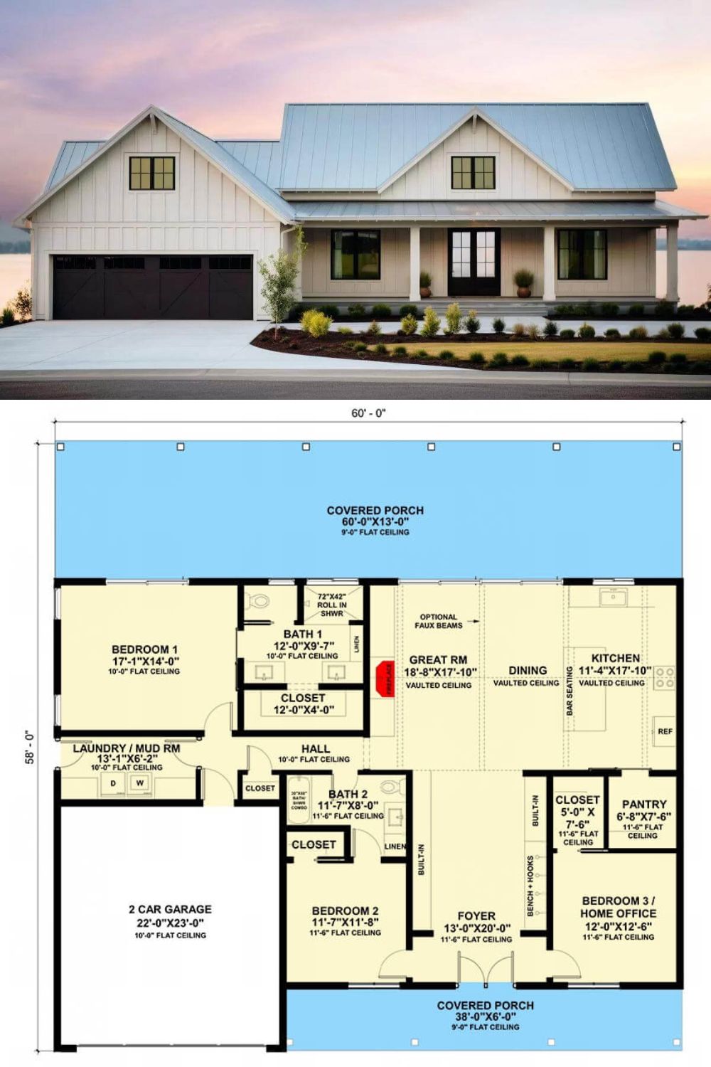 Board and batten siding, gable rooflines, and an inviting front porch accentuated with exposed rafters and columns give this 4-bedroom modern farmhouse a great curb appeal.