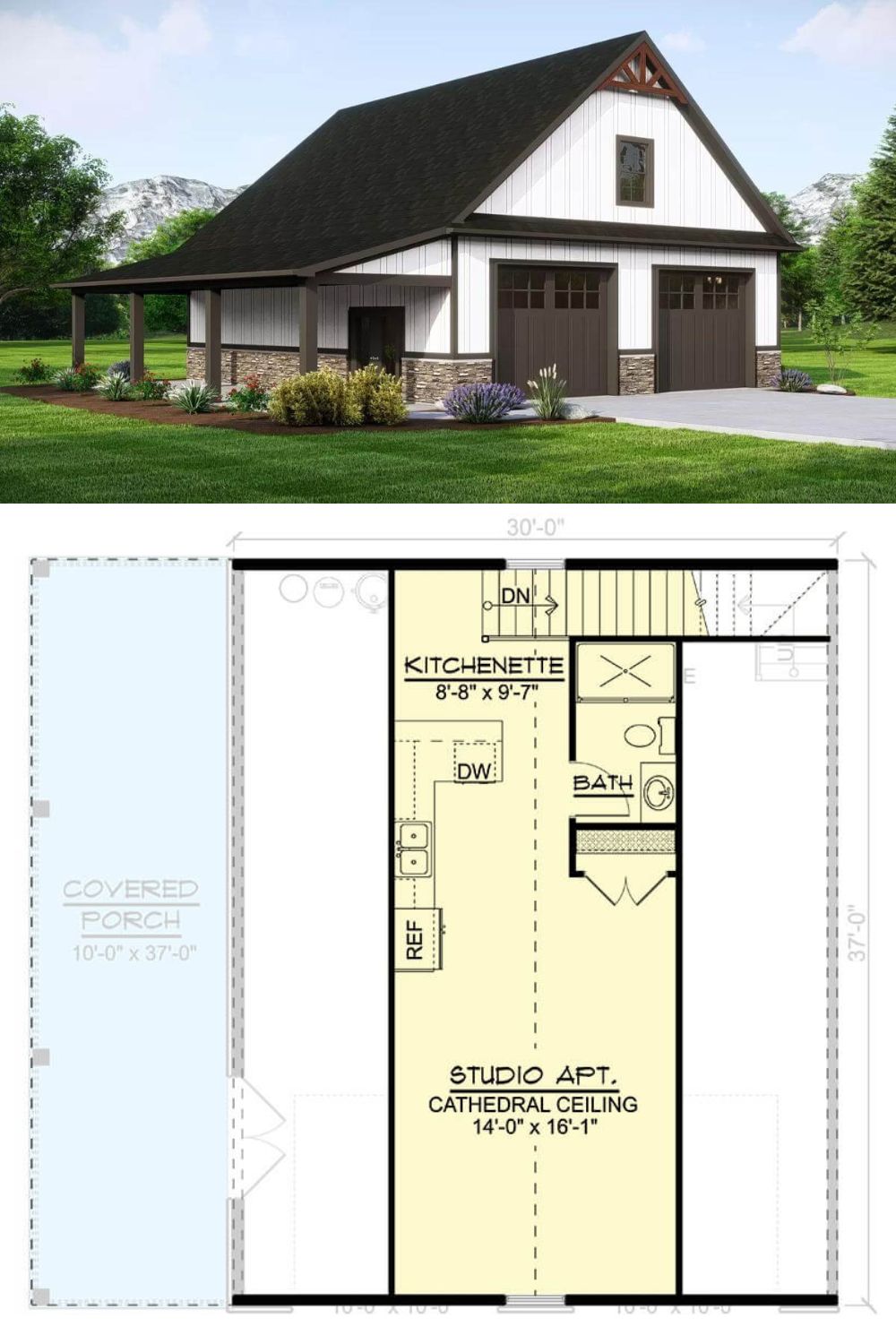 This cabin style carriage home showcases a charming facade with board and batten siding, stone trims, and a large gable adorned by decorative wood trims. A covered porch on the left side enhances the home's curb appeal.