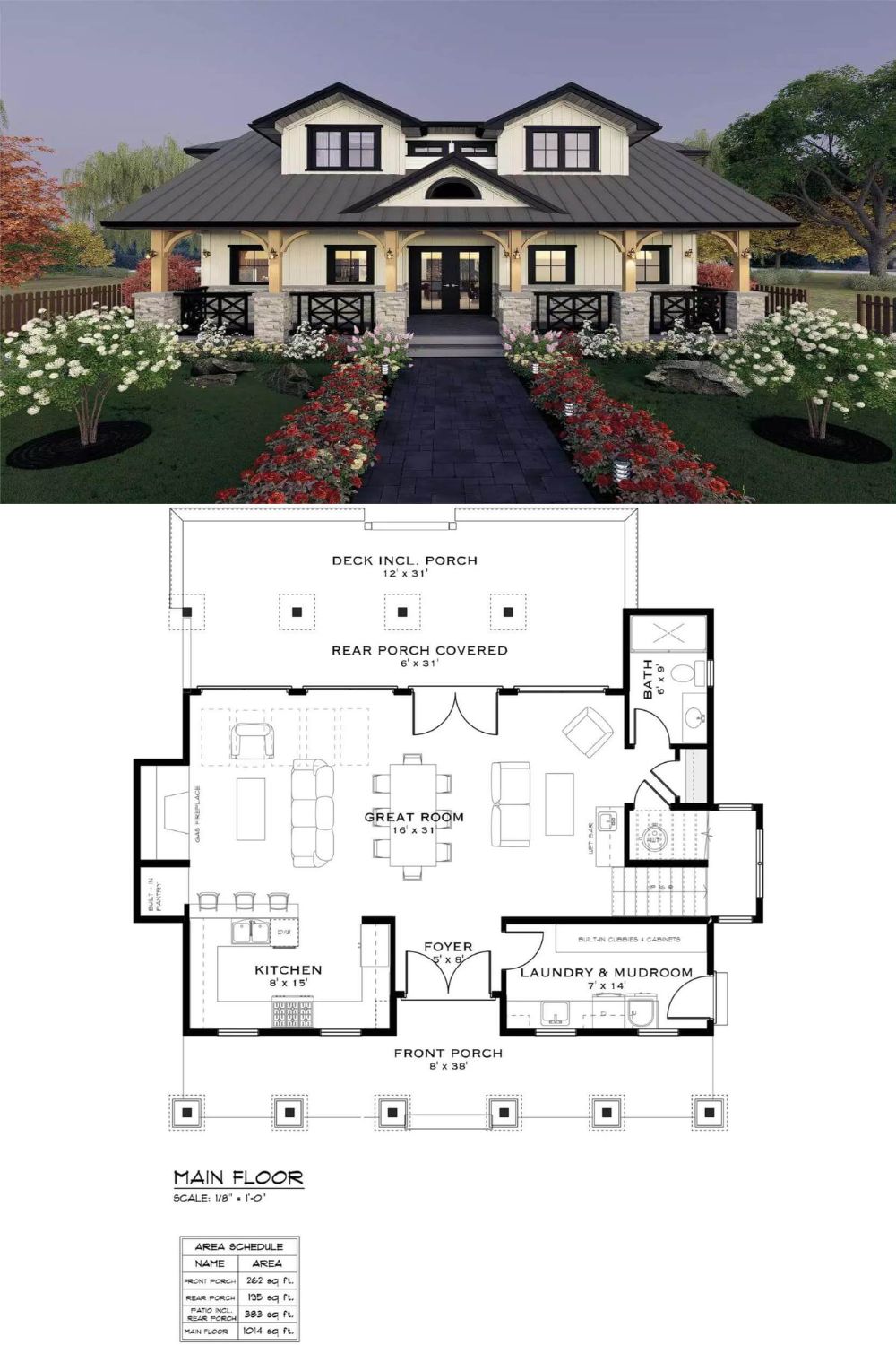 This two-story bungalow features a charming facade with board and batten siding, stone trims, twin dormers, and an inviting front porch framed with decorative pillars.