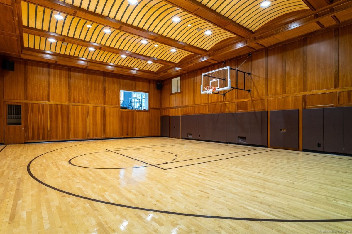 An indoor basketball court.