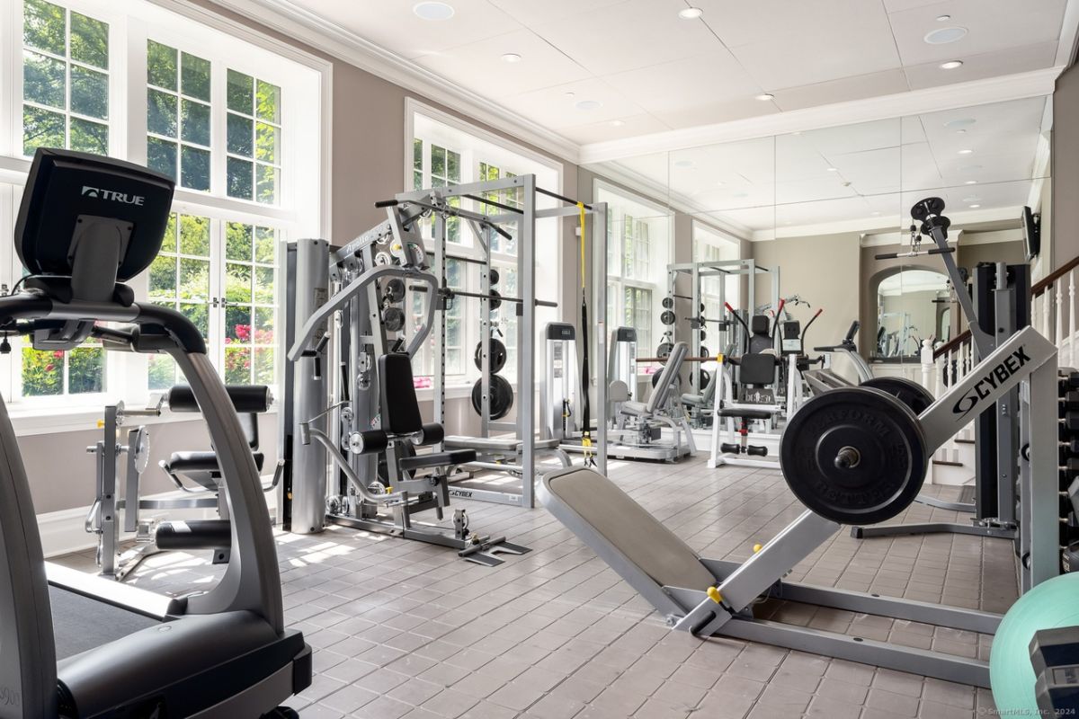 A home gym with windows and gym equipment.