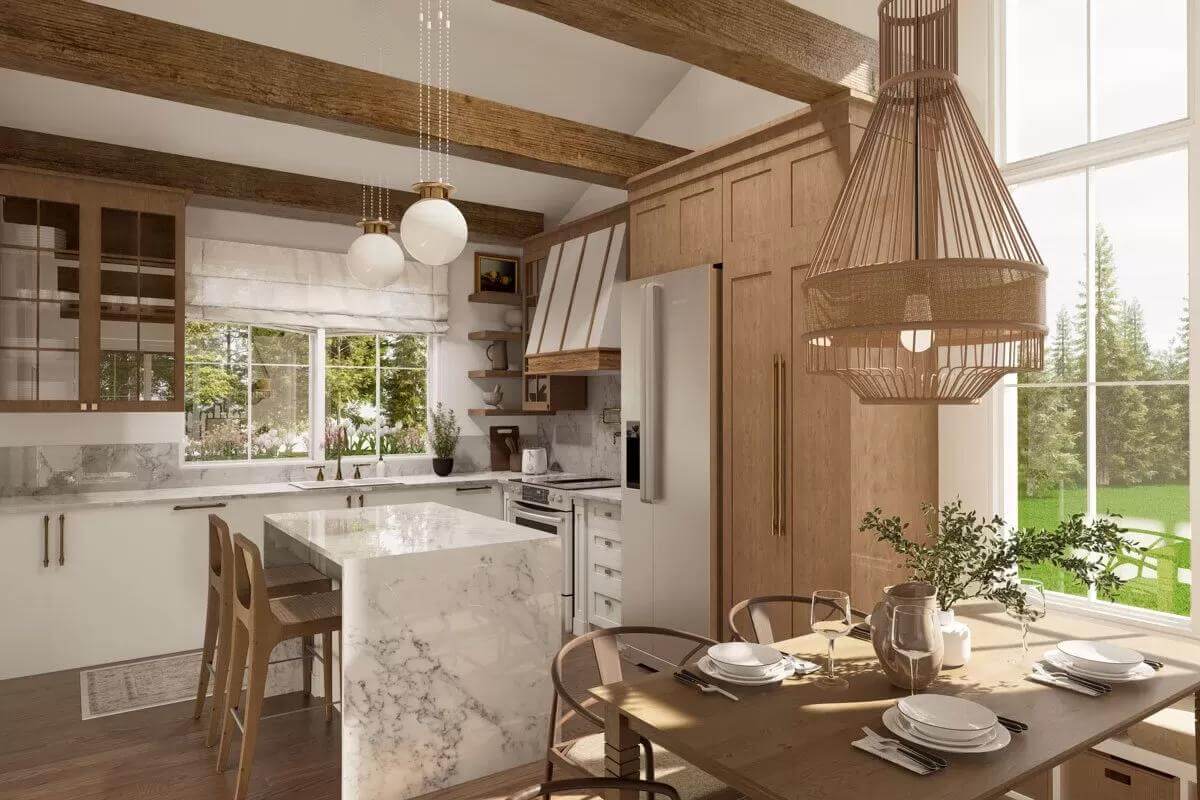 Kitchen and dining room under with white-framed windows and a beamed ceiling.