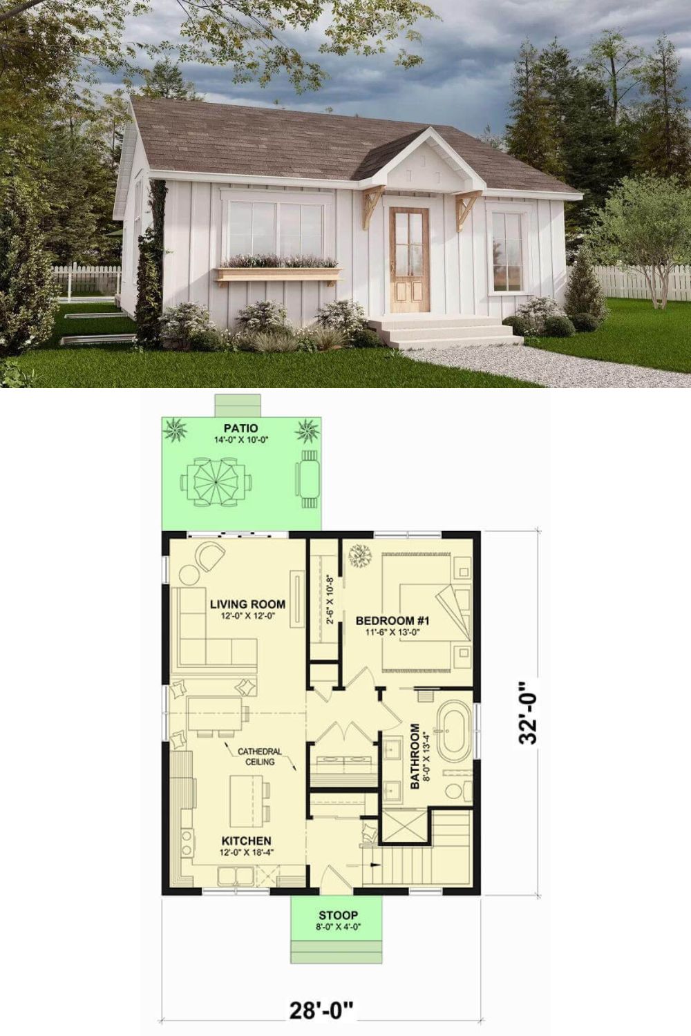 This 3-bedroom bungalow exudes a classic charm with board and batten siding, white-framed windows, and natural wood accents that add warmth to the home. It offers a compact 28' by 32' floor plan designed for small lots.