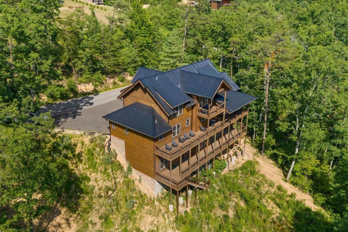 Aerial rear view of the luxury cabin.