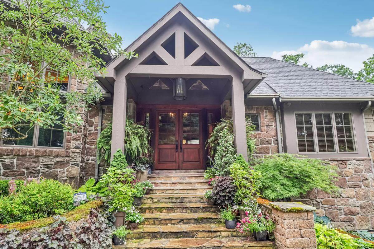 Front entry with a French front door and a stone stoop/