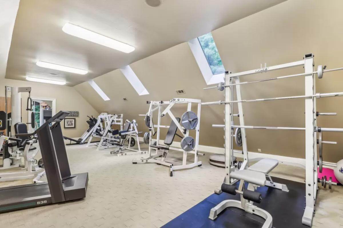 Gym with a carpeted floor and vaulted walls.