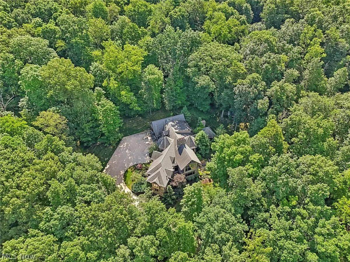 Aerial view of the European style French home.