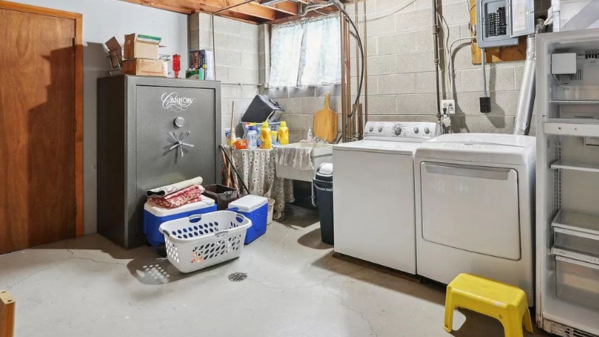 An unfinished laundry room.