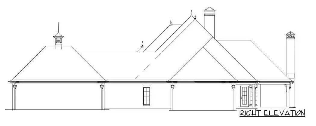 Right elevation sketch of the 4-bedroom French country style single-story home.