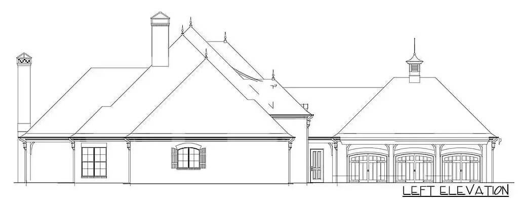 Left elevation sketch of the 4-bedroom French country style single-story home.