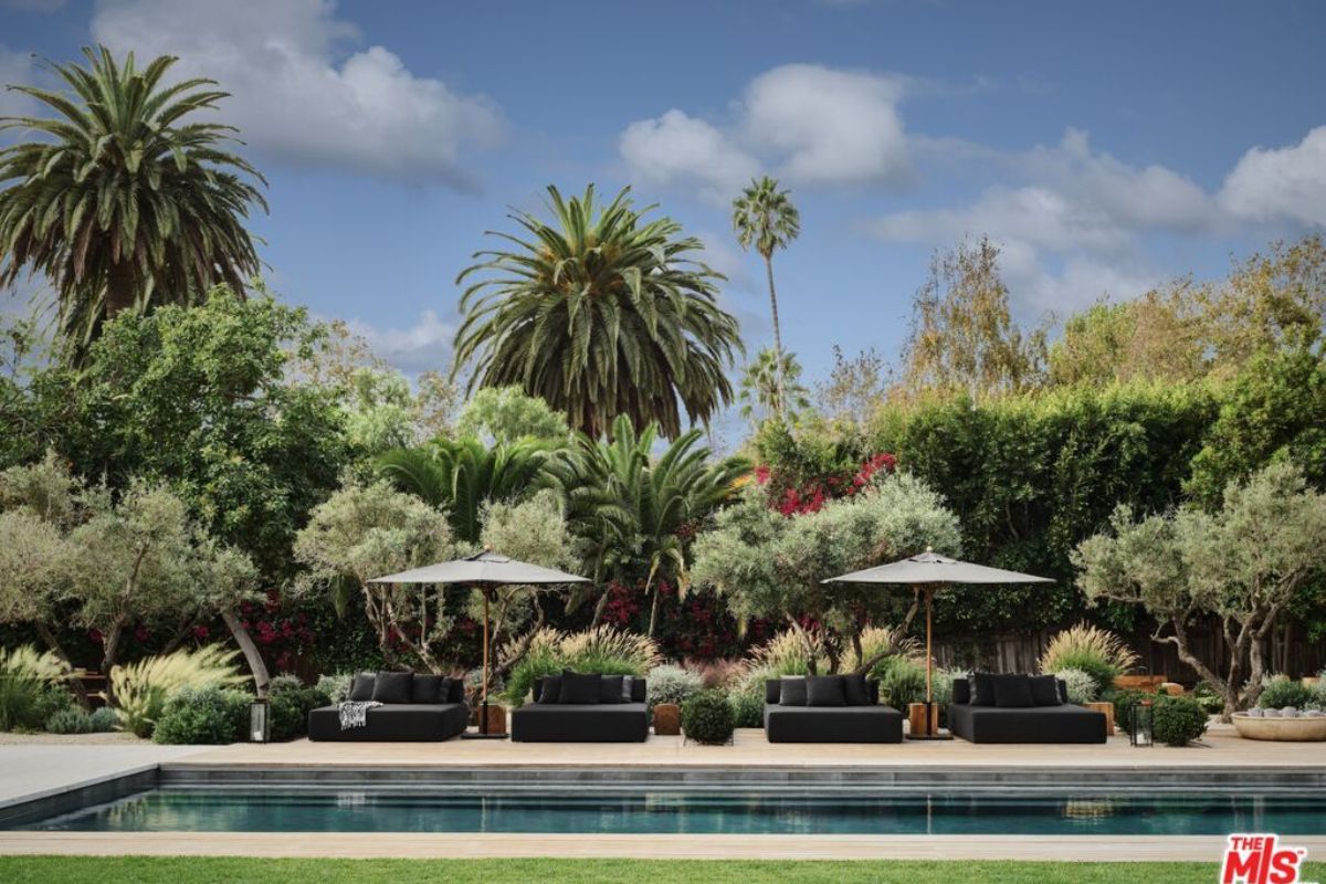 A swimming pool with couches and umbrellas on the poolside, surrounded by plants and trees.