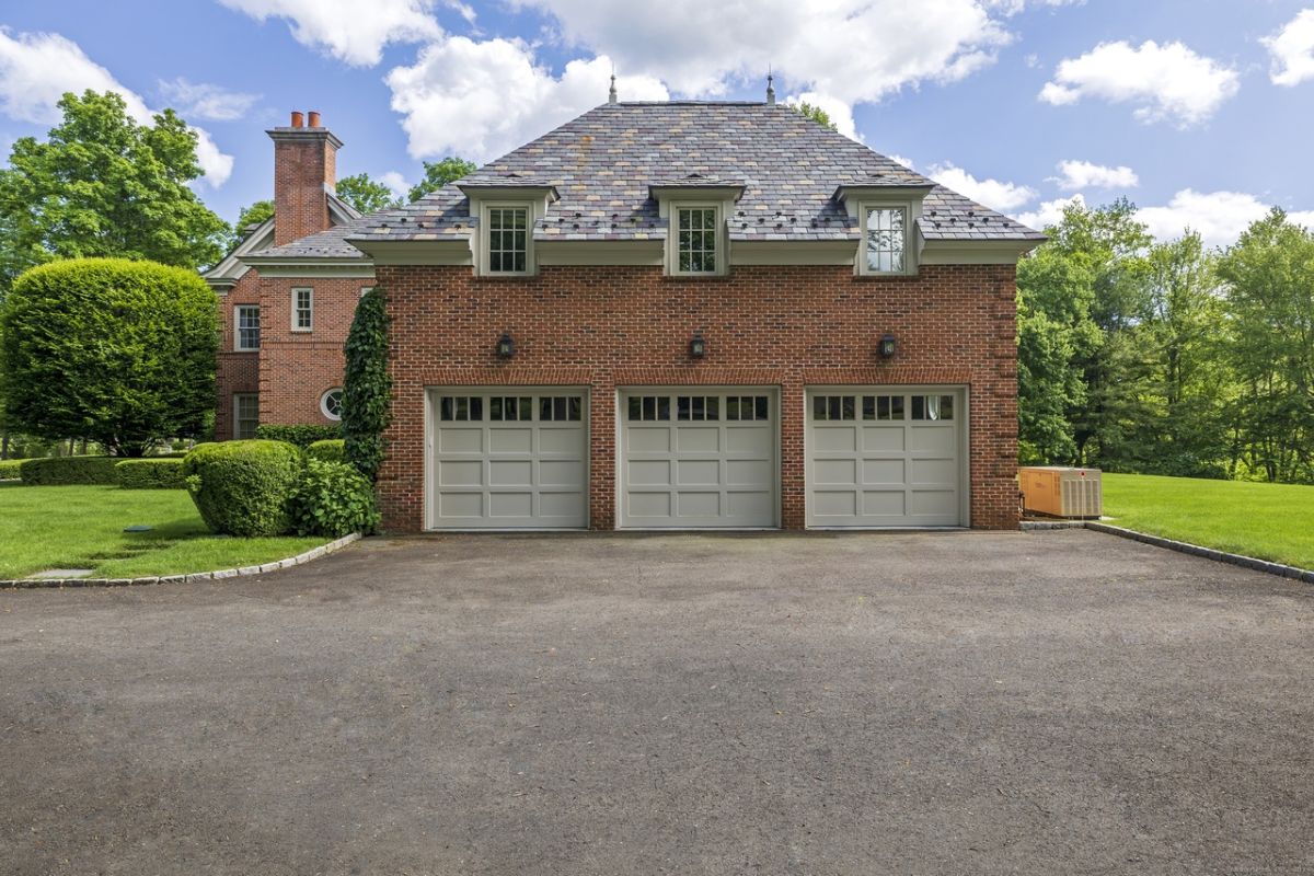 A garage with brick walls.