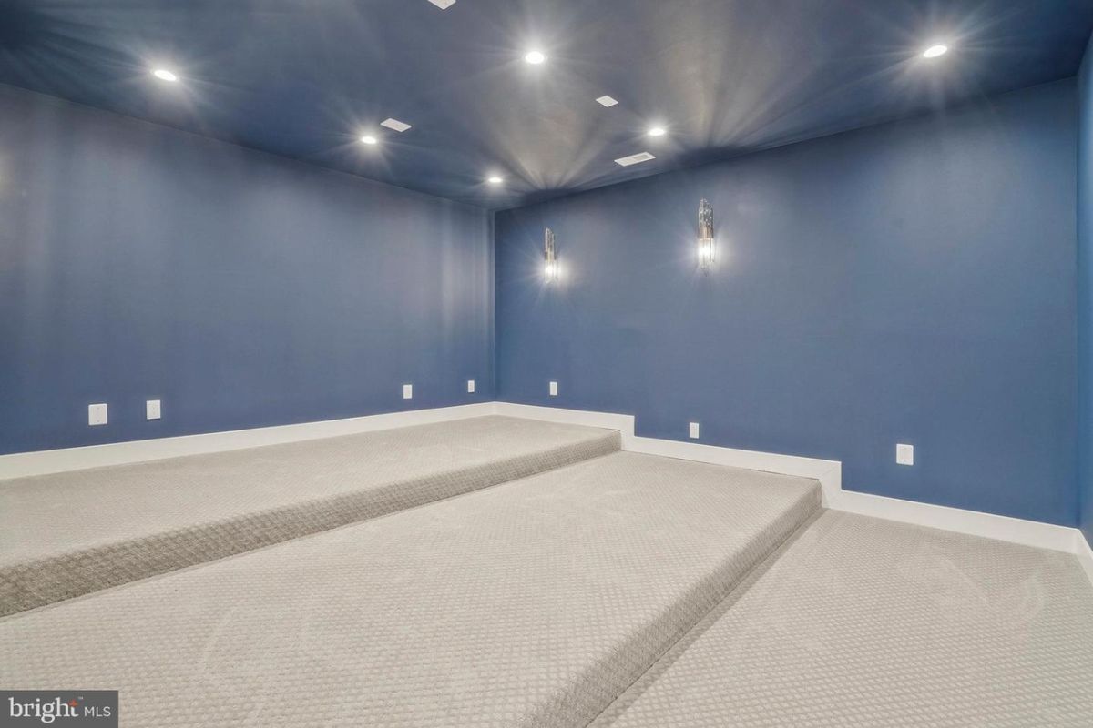 An empty room with blue walls and a blue ceiling.