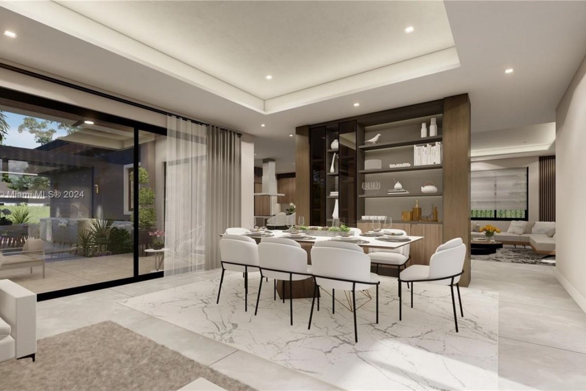 A dining area with a shelf and a dining table surrounded by chairs.