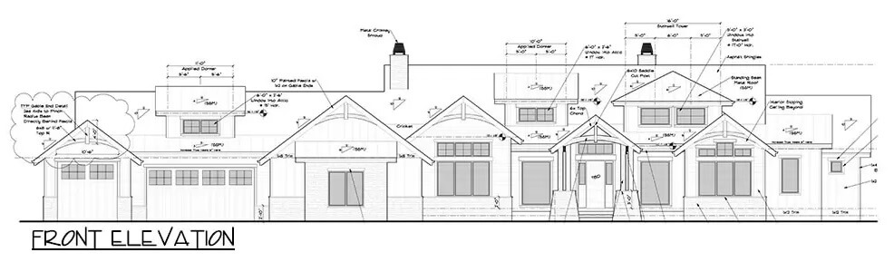 Front elevation sketch of the mountain style single-story 5-bedroom home.