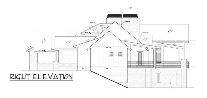 Right elevation sketch of the mountain style single-story 5-bedroom home.