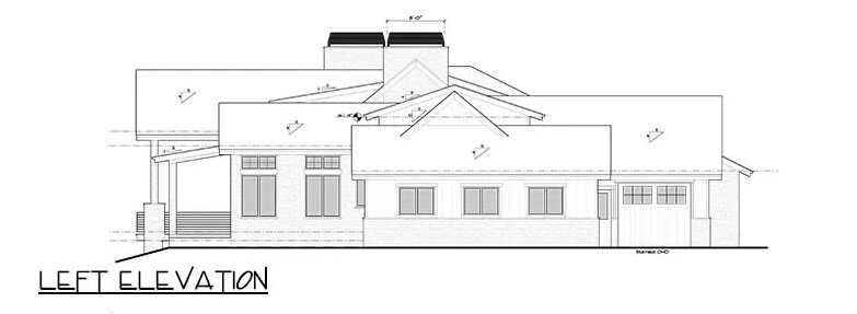 Left elevation sketch of the mountain style single-story 5-bedroom home.