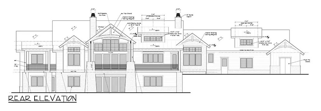 Rear elevation sketch of the mountain style single-story 5-bedroom home.