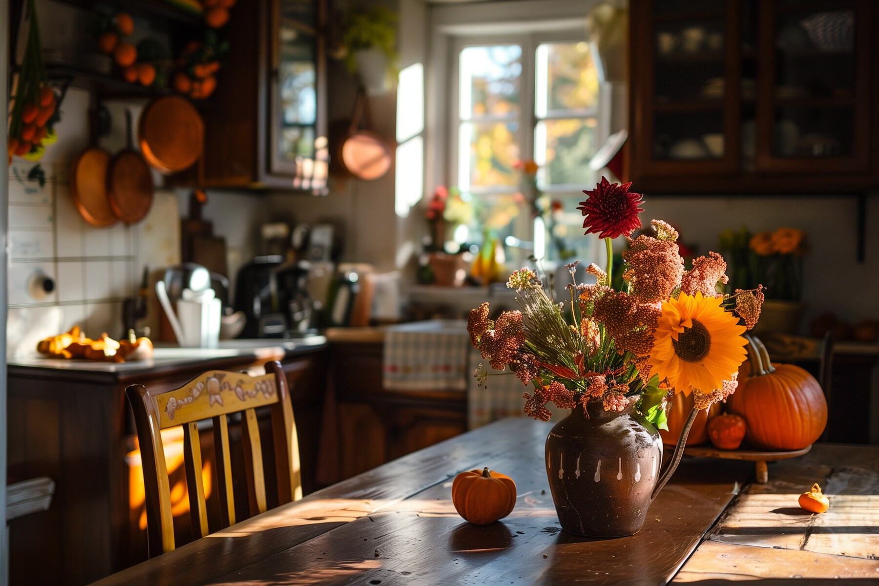 A warm, sunlit kitchen with wooden furniture, a rustic floral arrangement in a vase, and pumpkins on the table and counter