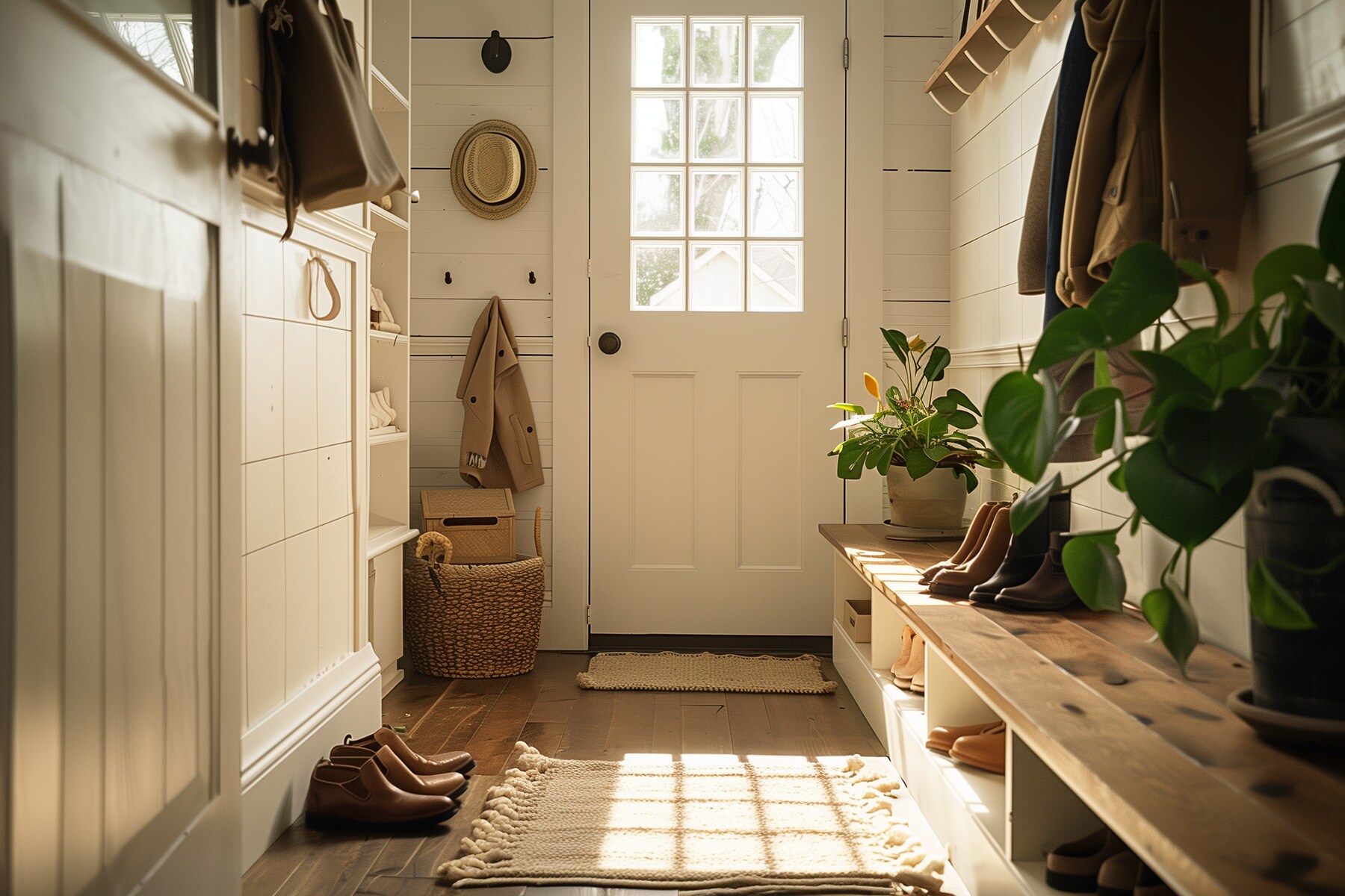 A cozy mudroom with shiplap walls, natural wood bench, plants, and storage baskets, featuring a door with glass panels that lets in natural light