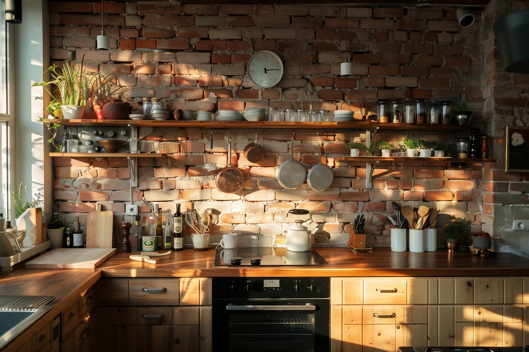 A rustic kitchen with exposed red brick walls, wooden countertops, and open shelving displaying various kitchen essentials and plants, lit by warm natural light