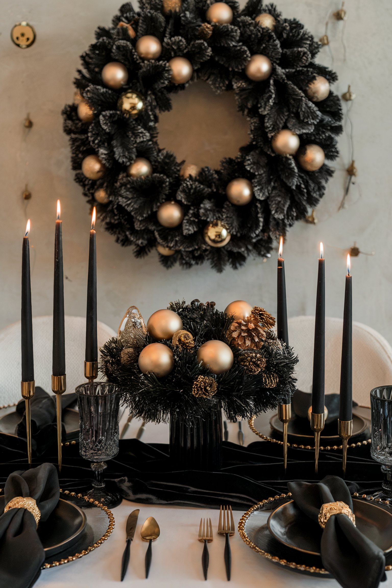 Elegant black and gold table setting with matching candles, wreath, and ornament centerpiece