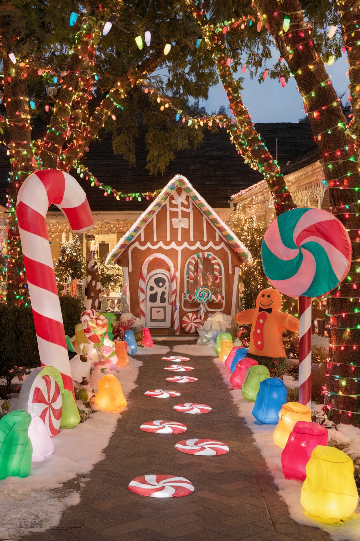 Inflatable gingerbread house surrounded by giant candy canes, lollipops, and illuminated peppermint path lights, with colorful lights