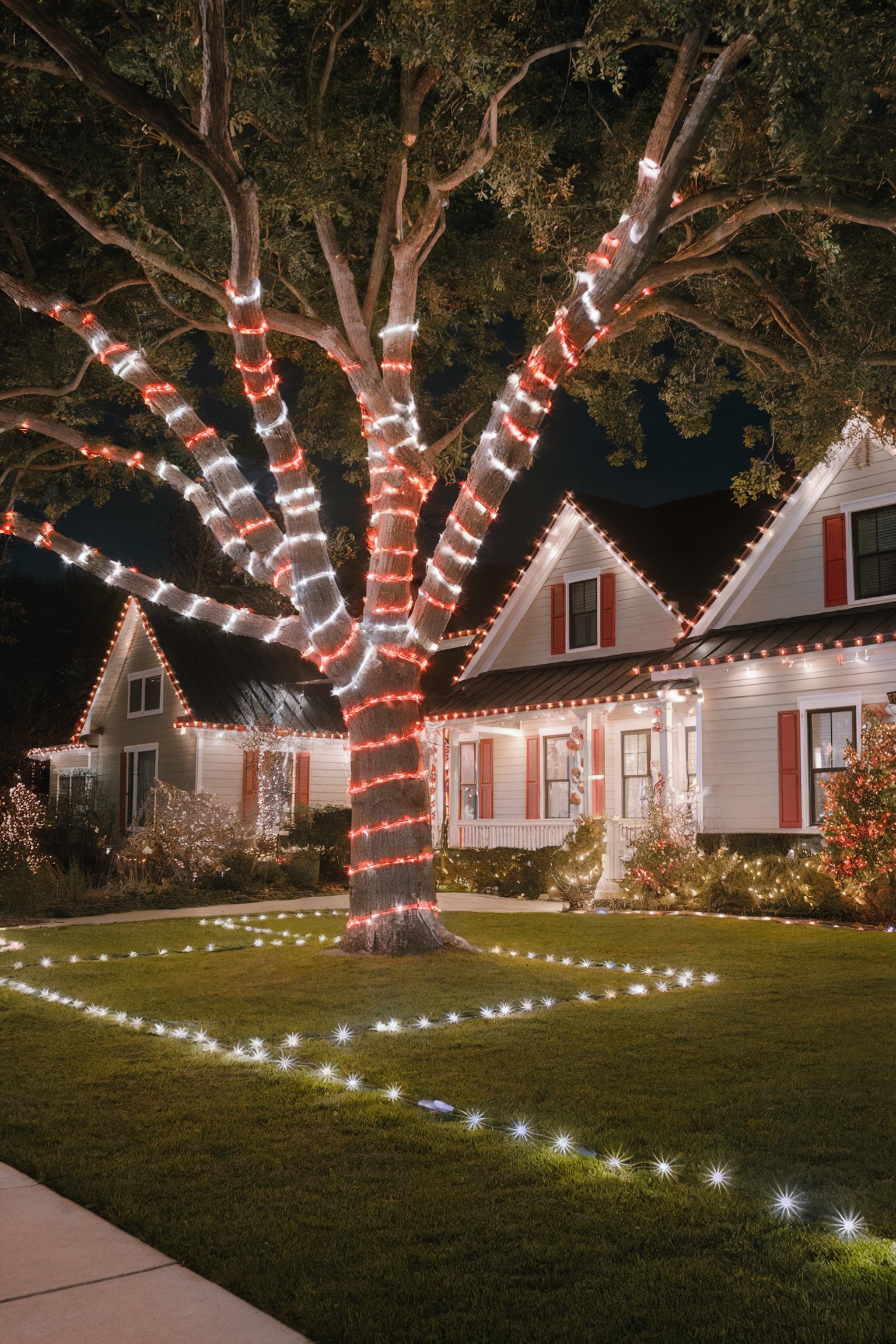 Large tree wrapped in red and white lights with matching house and lawn decorations