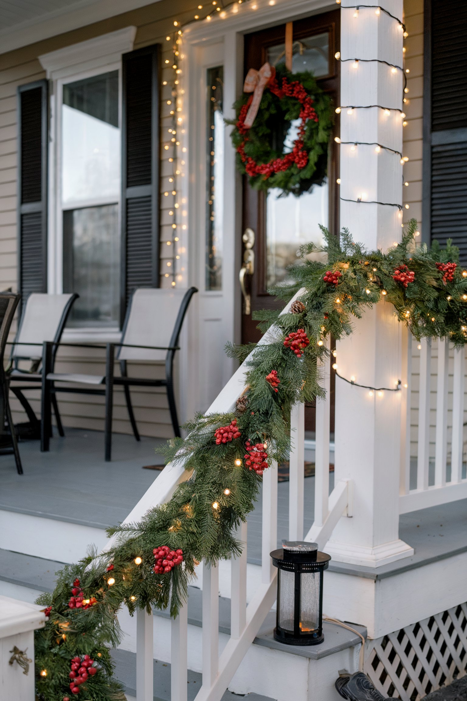 Front porch decorated with a red berry wreath, string lights, and a garland with red berries wrapped around the handrail