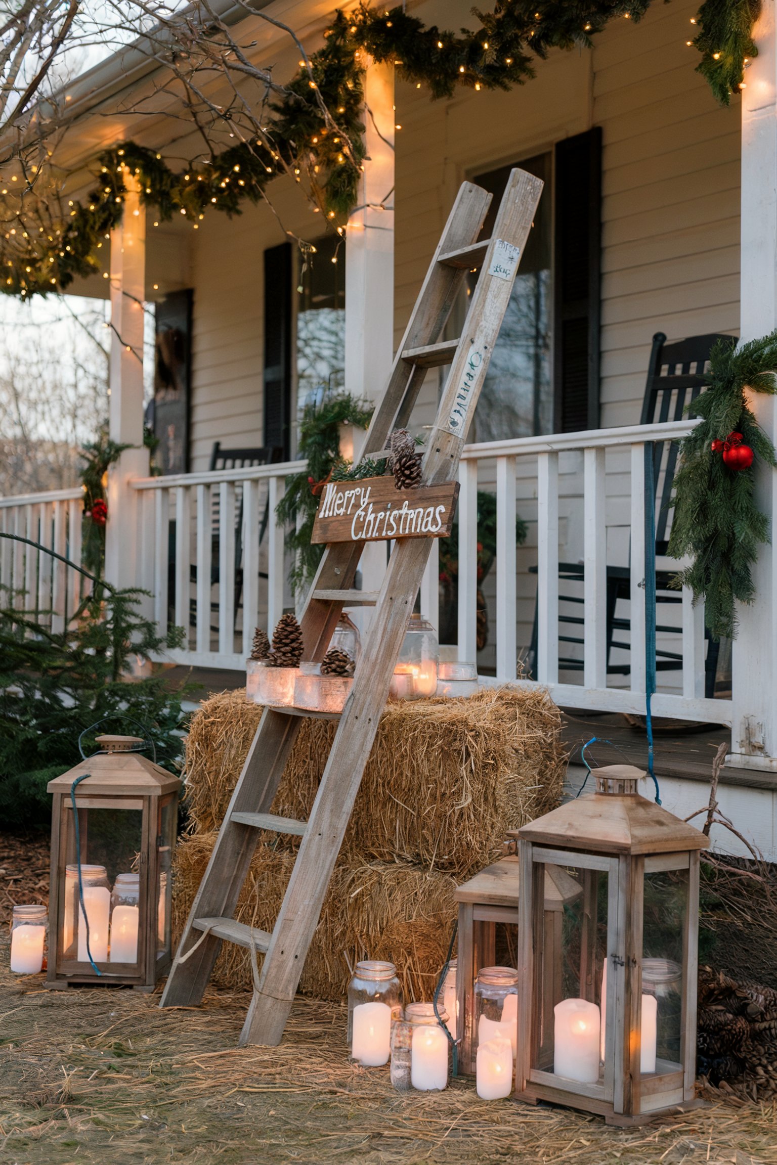 Rustic porch setup with a wooden ladder, "Merry Christmas" sign, hay bales, lanterns, and mason jars filled with candles