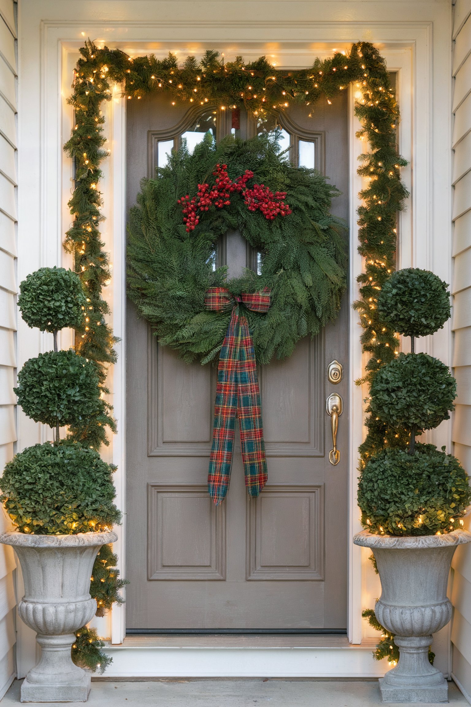 A brown door with a large wreath, plaid bow, lit garland, and topiaries