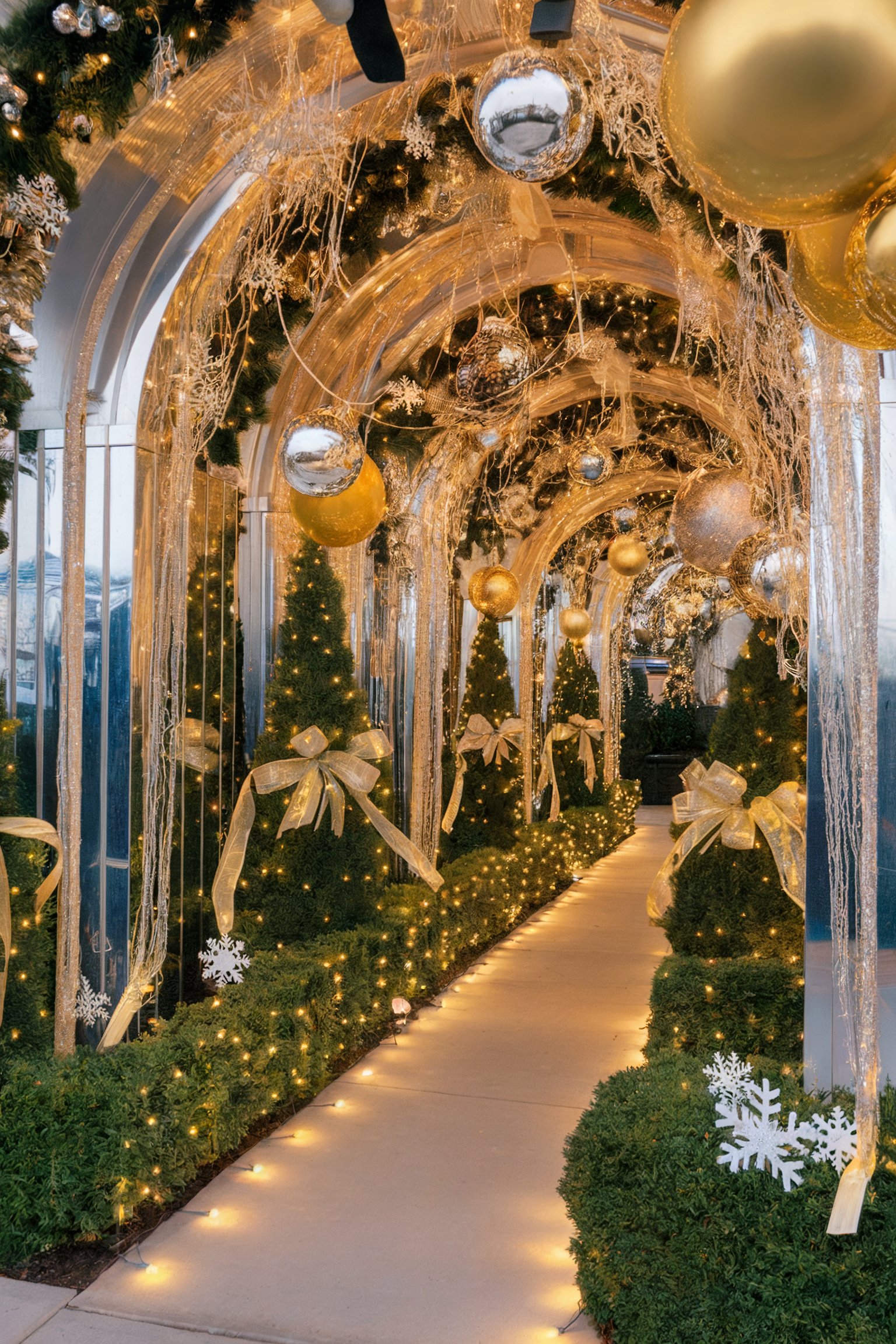 Festive arched walkway decorated with greenery, gold and silver ornaments, twinkling lights, and illuminated Christmas trees with bows