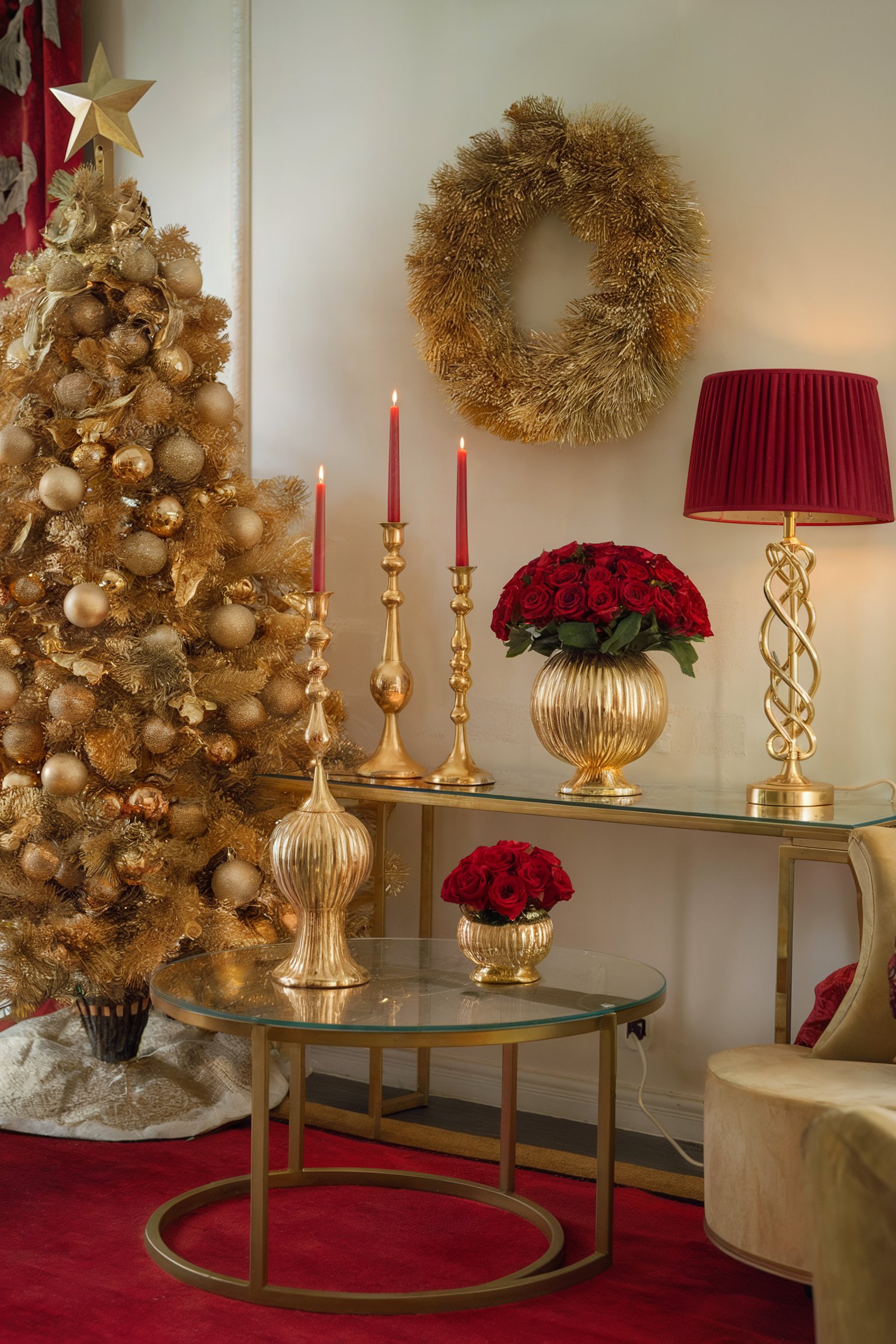 Gold Christmas tree with gold ornaments, a gold wreath, red candles, and roses in a festive room