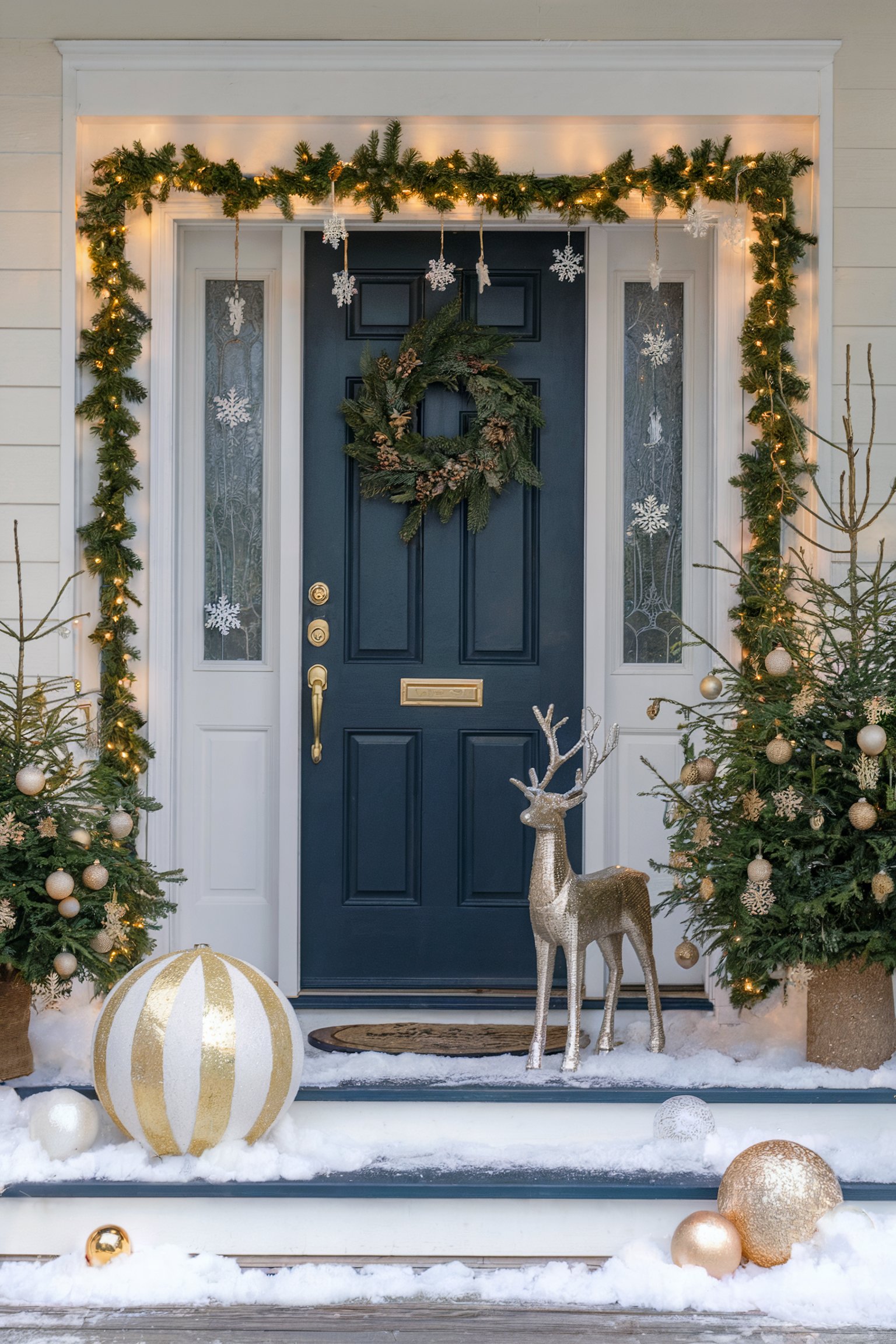 Front porch with a navy door, garland with lights, a wreath, Christmas trees, a reindeer statue, and large gold-and-white ornaments in the snow