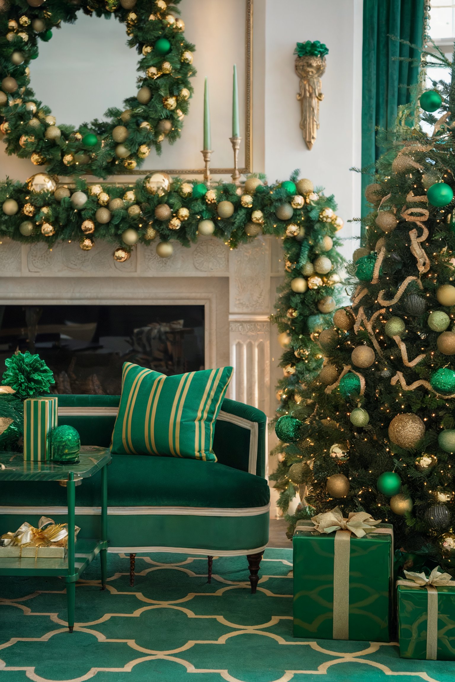 Luxurious living room decorated in green and gold with a Christmas tree, garlands, and a large wreath, featuring matching green furnishings and wrapped gifts