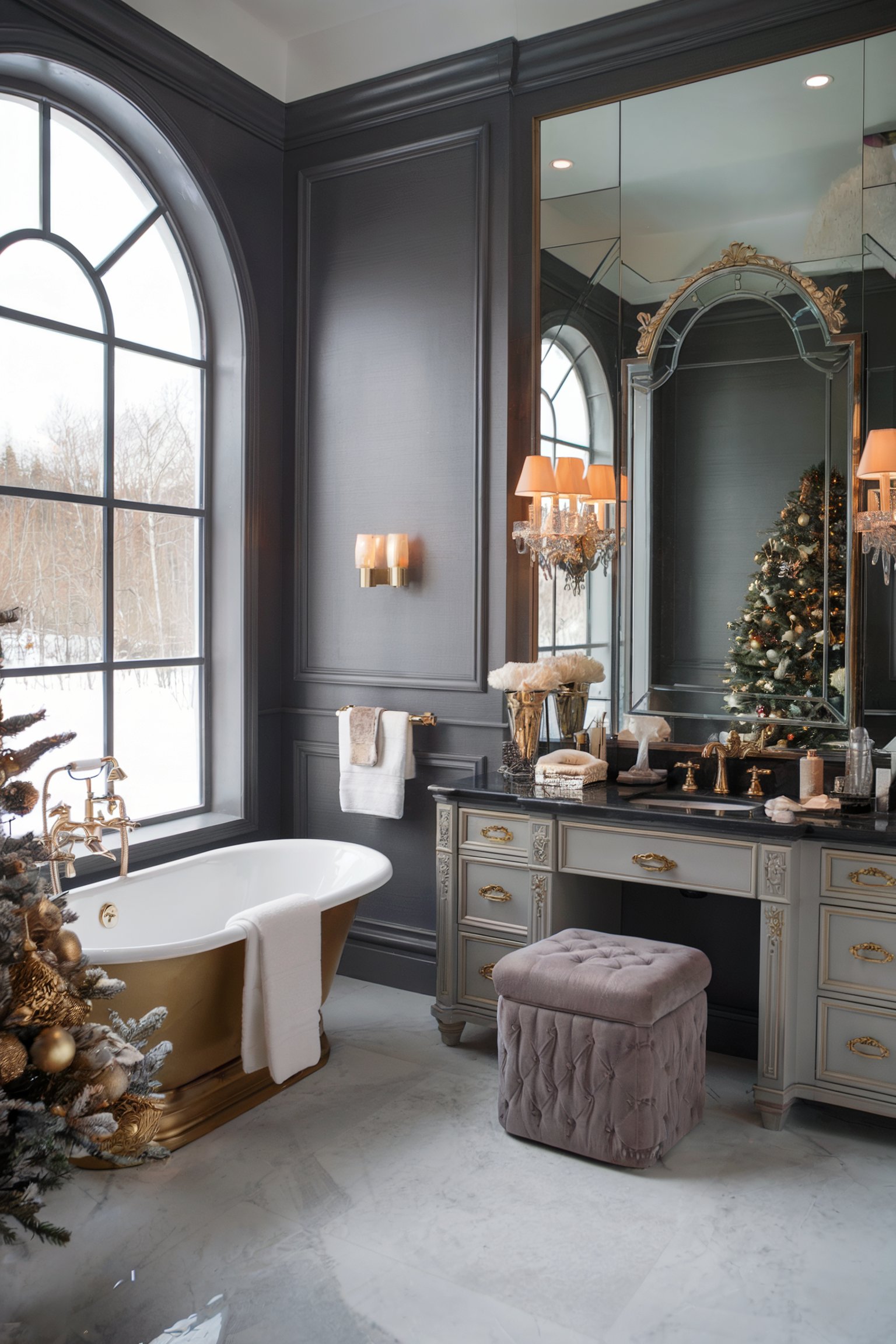 Elegant bathroom with gold-accented tub, vanity, and a festive tree with ornaments