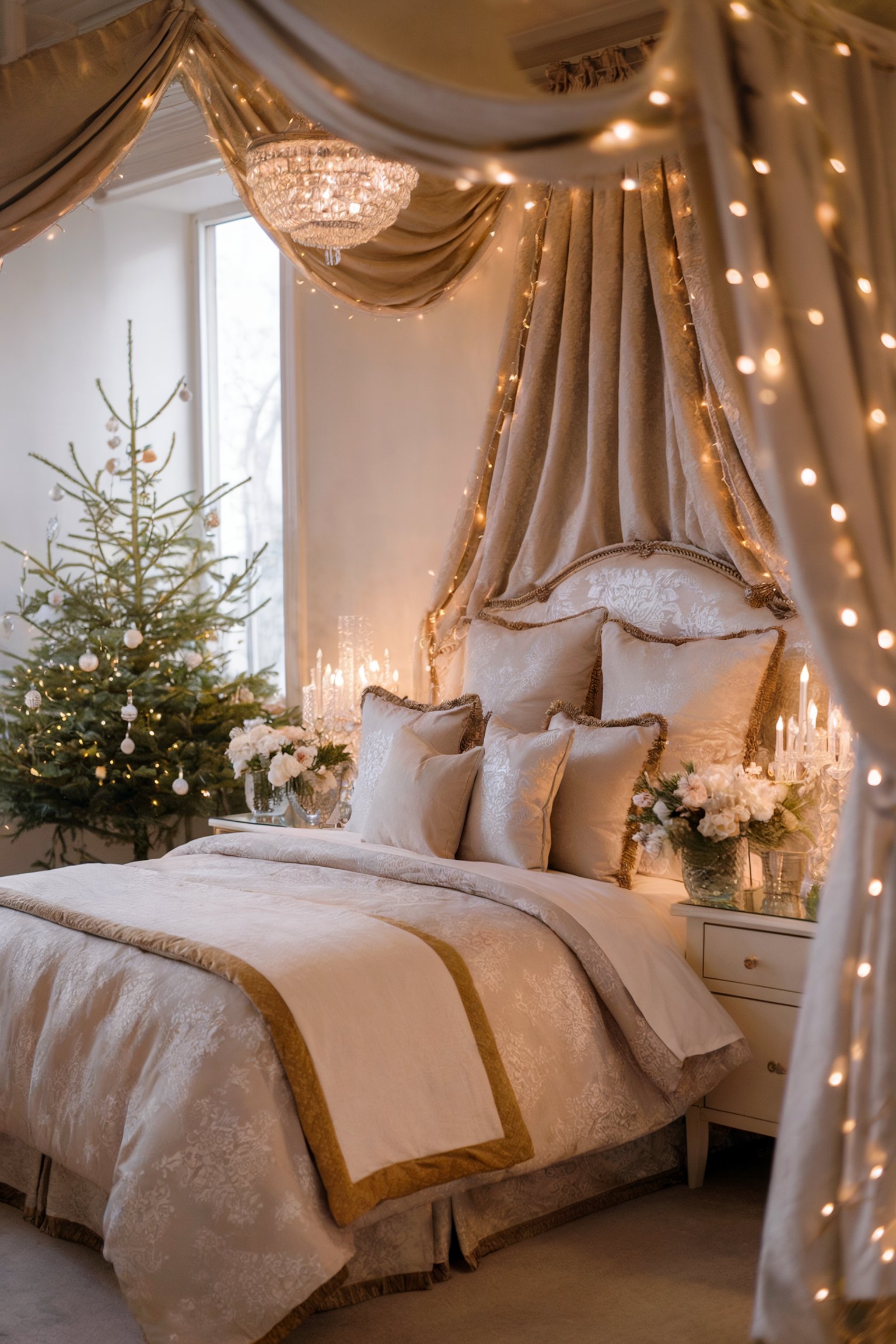 Cozy canopy bed with lights, gold-trimmed bedding, and a simple decorated tree