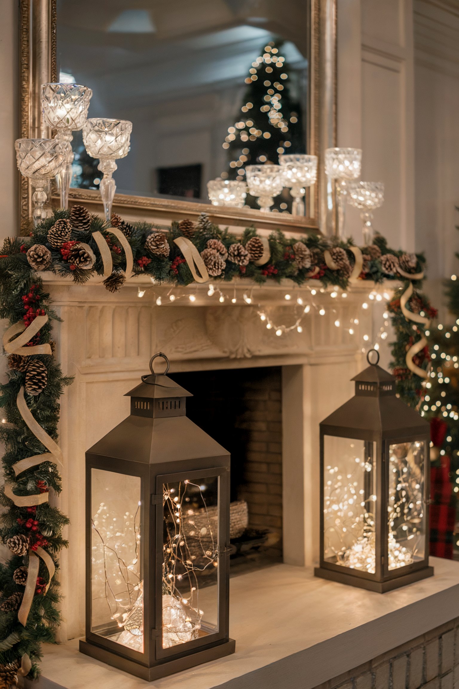 Fireplace decorated with pinecone garland, lights, and lanterns for a warm ambiance