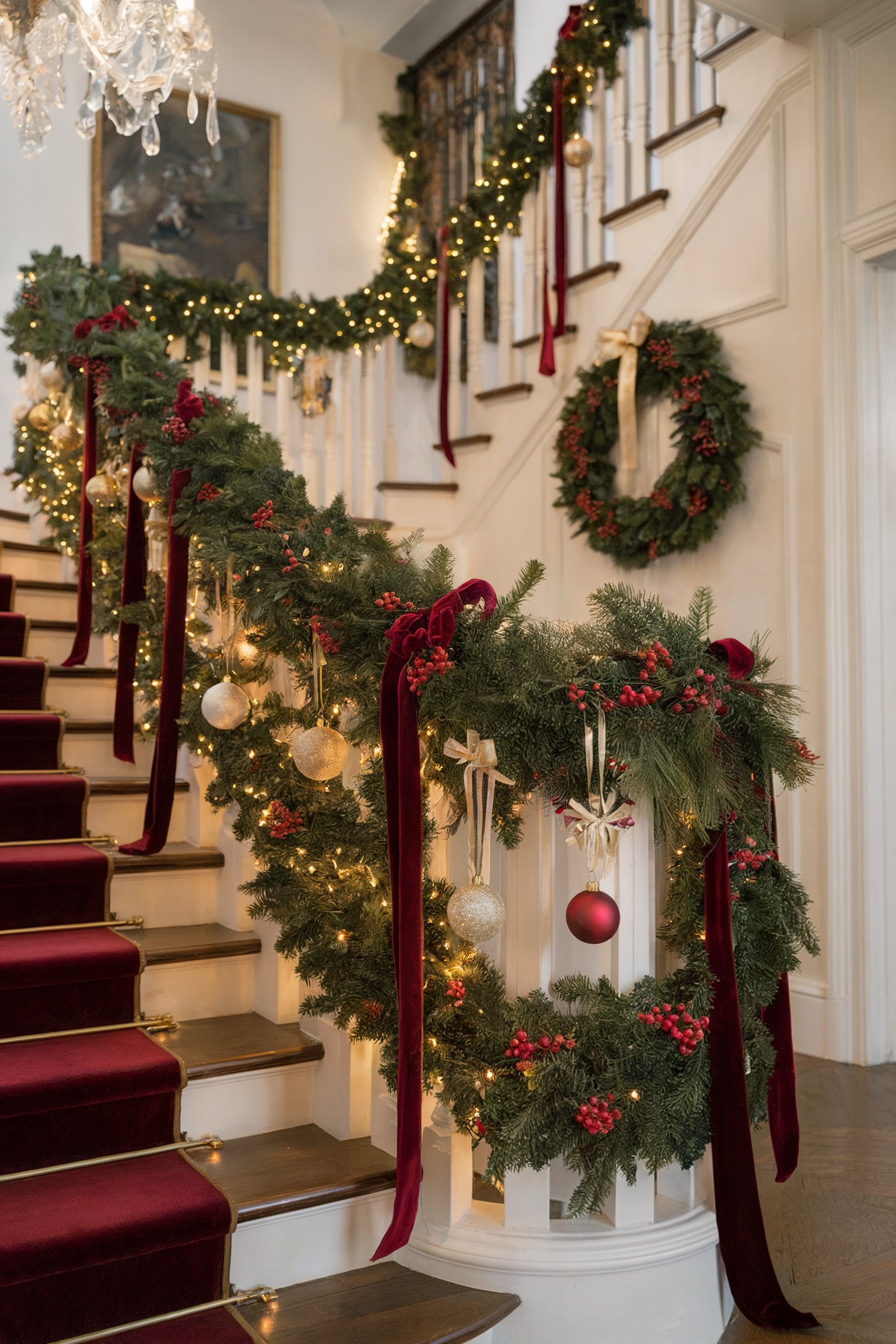 A staircase decorated with lush garlands, red ribbons, and ornaments for Christmas