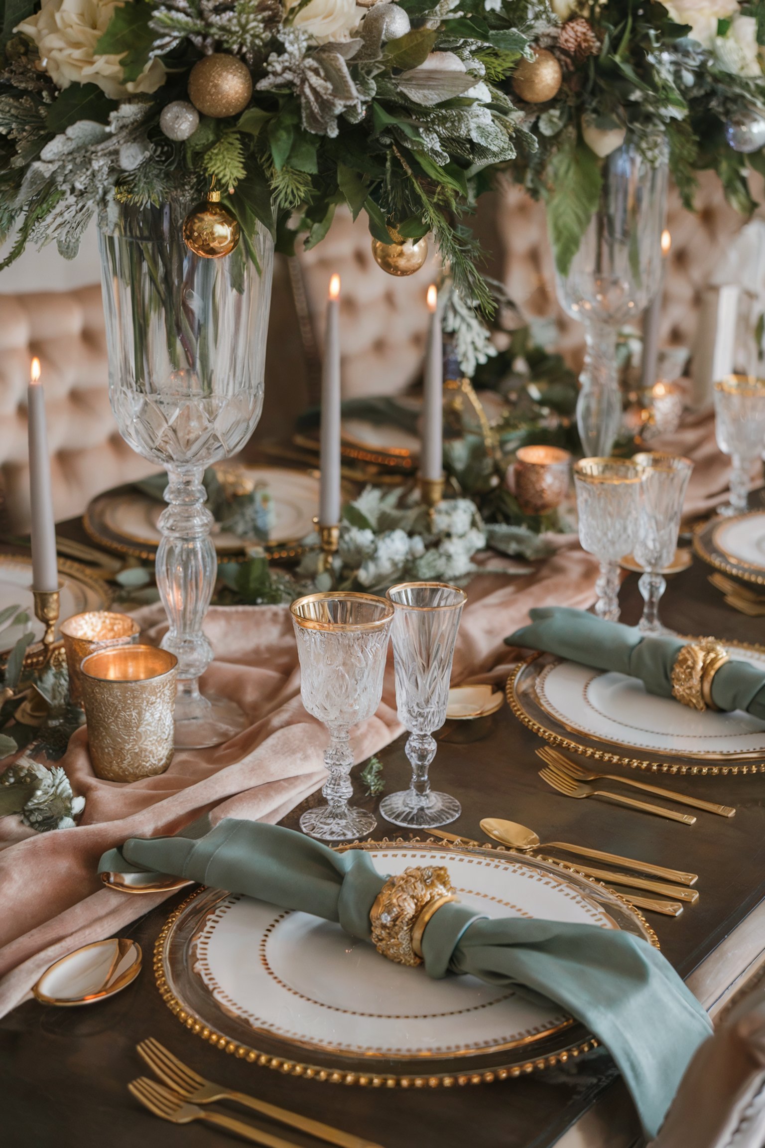 Crystal glassware, gold-rimmed plates, green napkins, and frosted greenery centerpieces