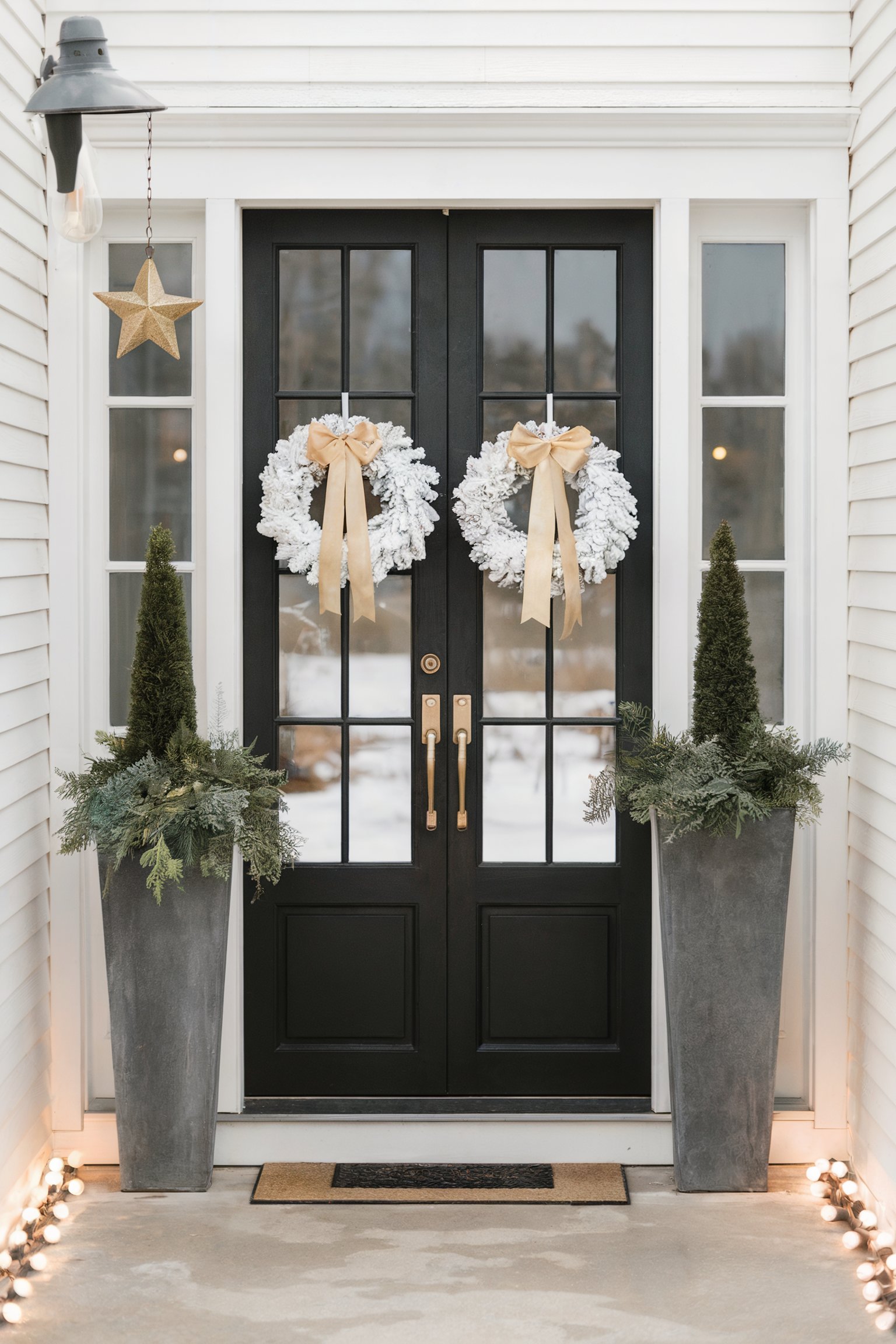 Black double doors adorned with white wreaths and gold bows, flanked by topiary planters with greenery