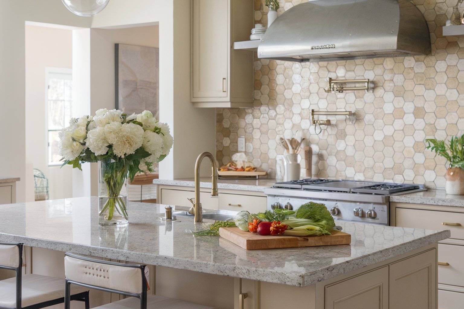 A stylish kitchen showcasing marble countertops and a white vase adorned with vibrant flowers