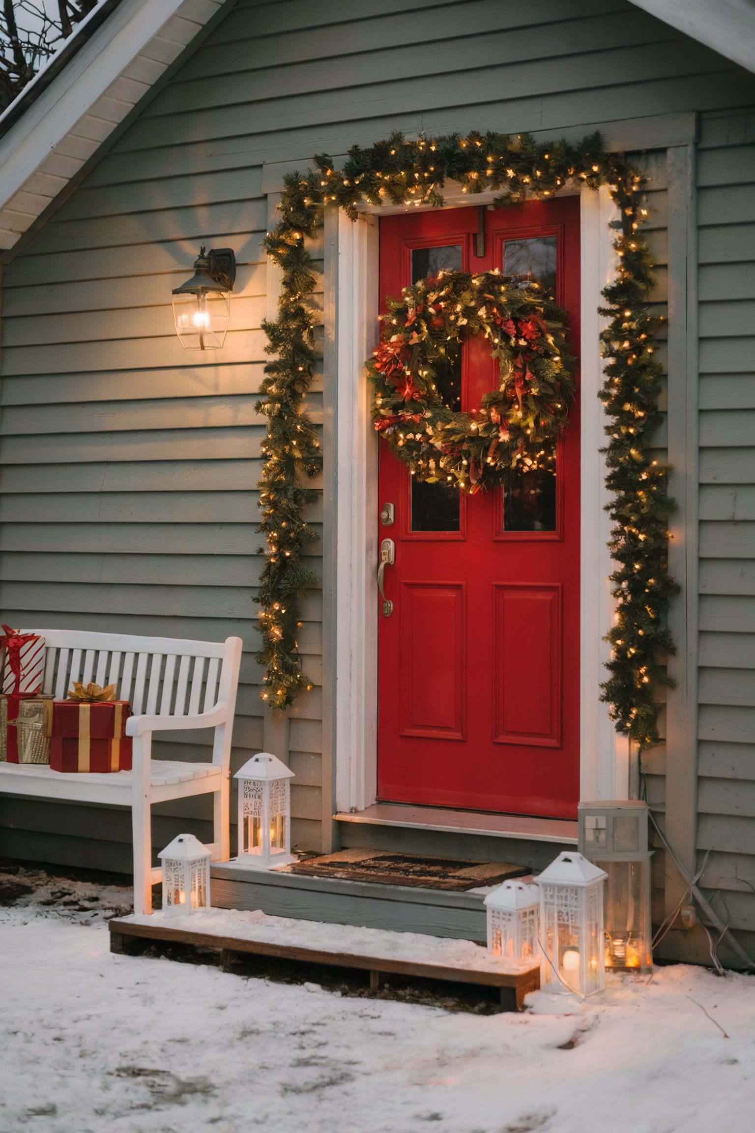 A red door with a wreath, lit garland, presents, and glowing lanterns on snowy steps