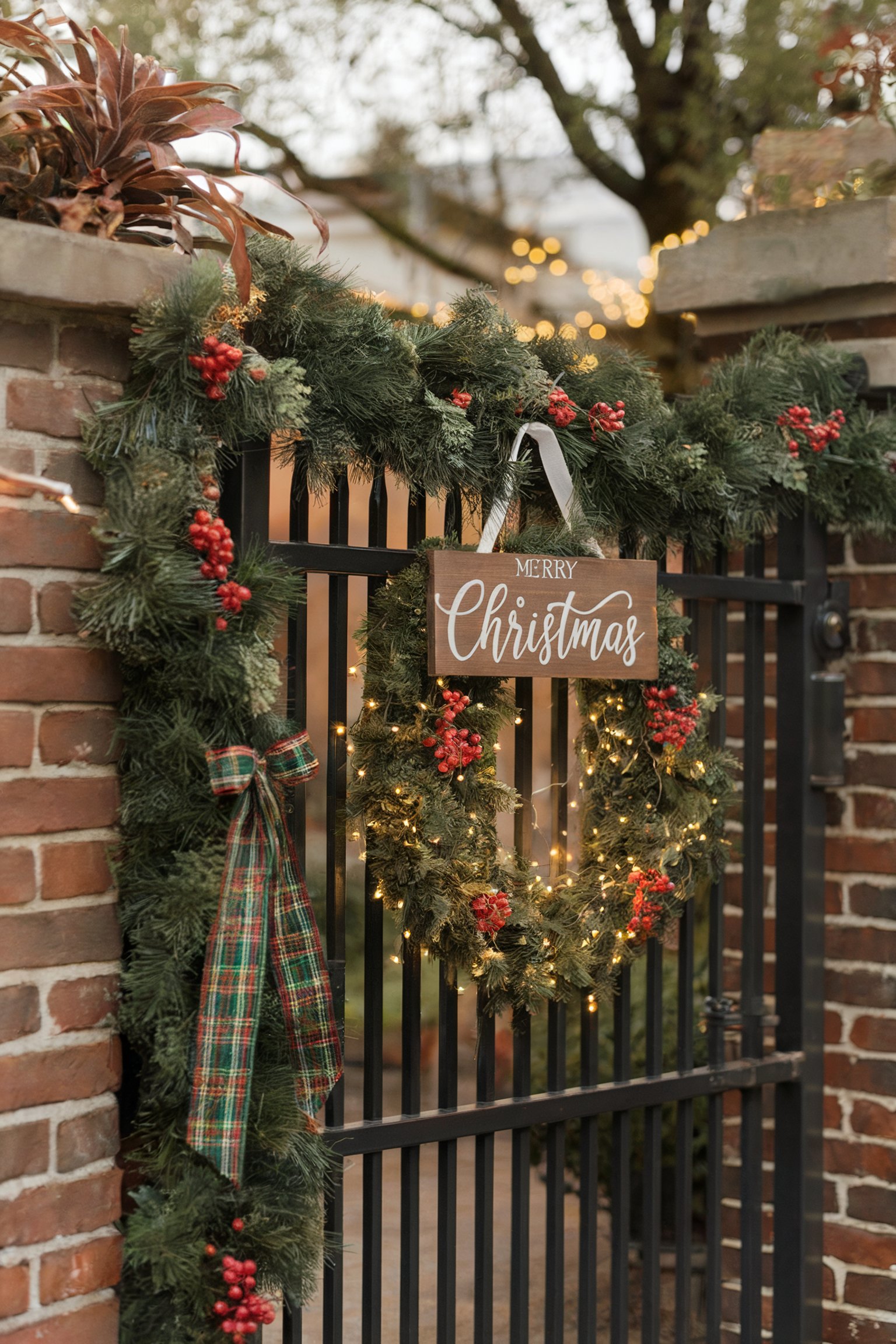 Brick gate decorated with greenery garlands, red berries, a plaid bow, and a lit wreath with a "Merry Christmas" sign, all softly lit by string lights