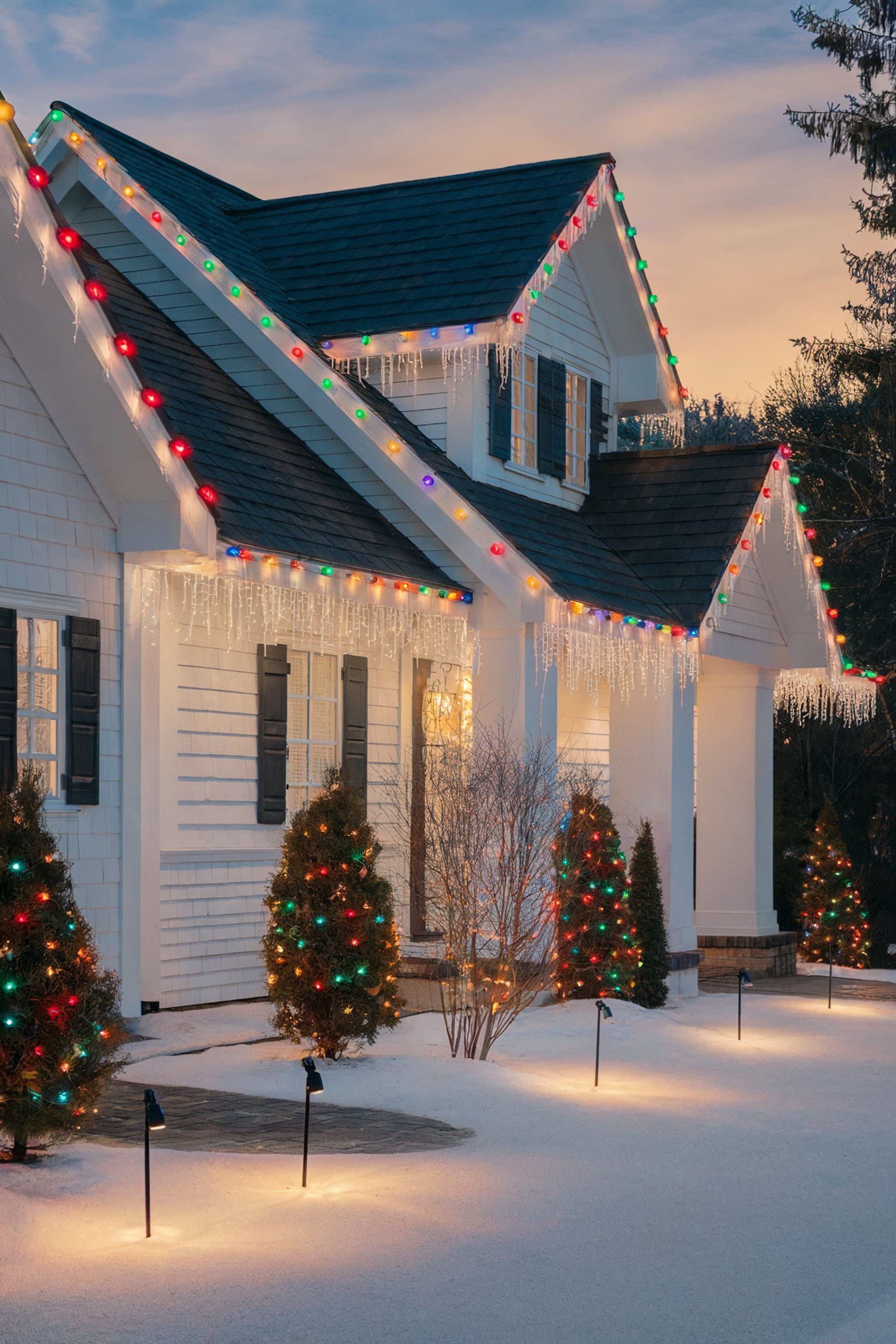 A white house outlined in colorful lights with lit bushes and snow-covered ground